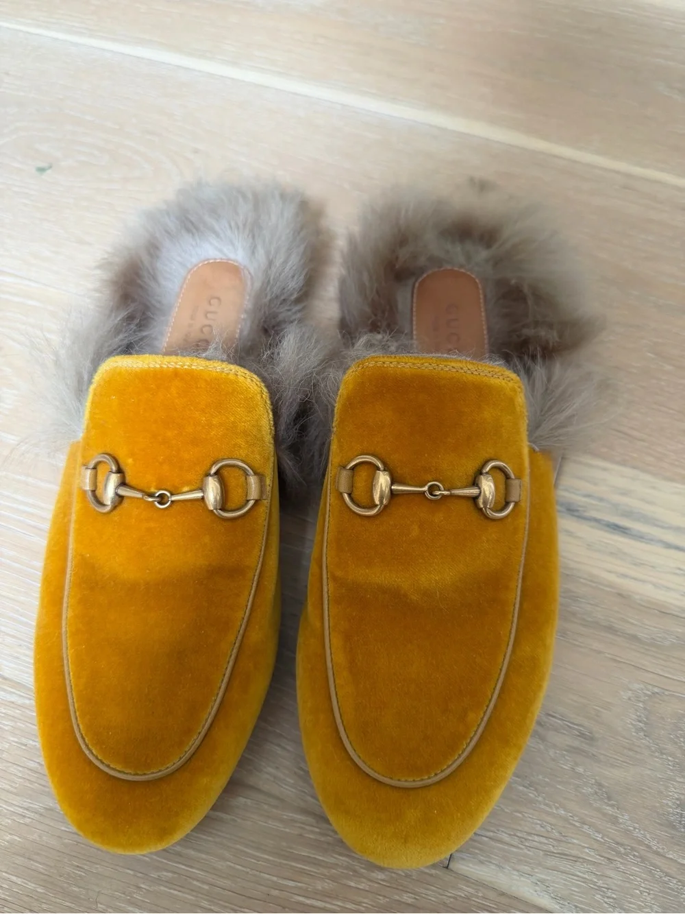 Gucci Mustard Yellow Velvet Horsebit Fur-Trim Mules